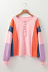 Contrast Panel Button Front Long Sleeve Cotton Blend Henley Top