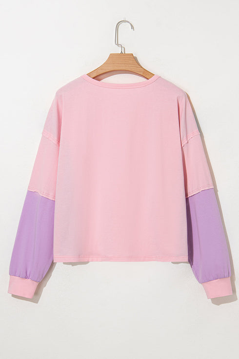 Contrast Panel Button Front Long Sleeve Cotton Blend Henley Top