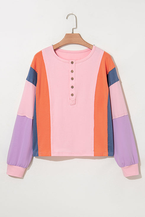 Contrast Panel Button Front Long Sleeve Cotton Blend Henley Top