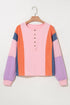 Contrast Panel Button Front Long Sleeve Cotton Blend Henley Top