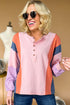 Contrast Panel Button Front Long Sleeve Cotton Blend Henley Top