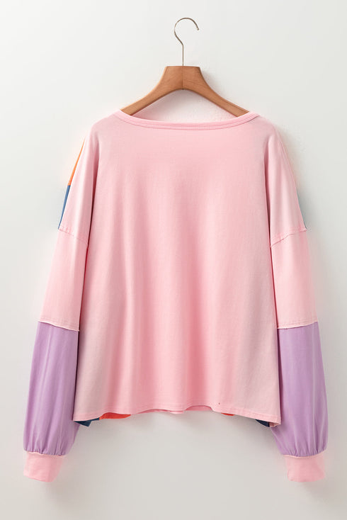 Contrast Panel Button Front Long Sleeve Cotton Blend Henley Top