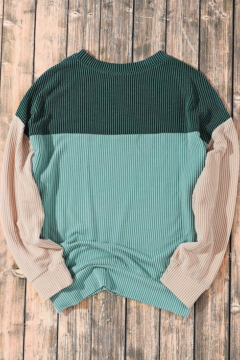 Contrast Panel Ribbed Knit Long Sleeve Pullover Top