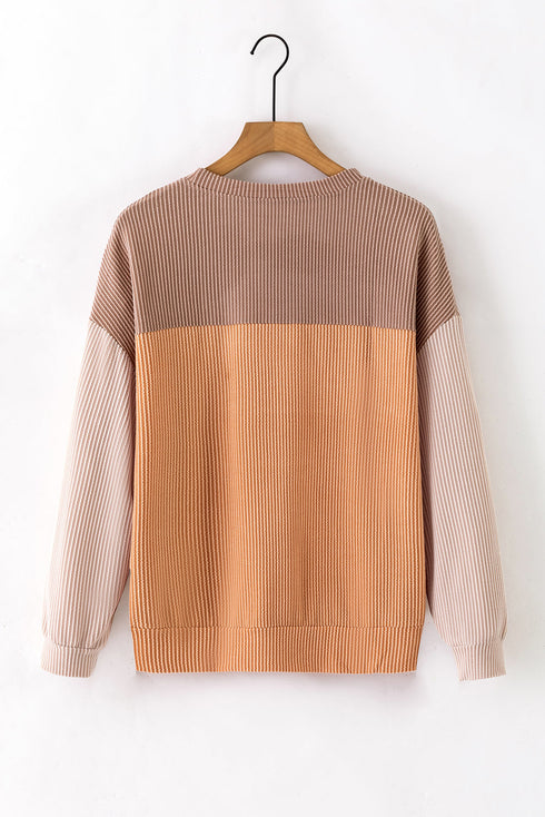 Contrast Panel Ribbed Knit Long Sleeve Pullover Top