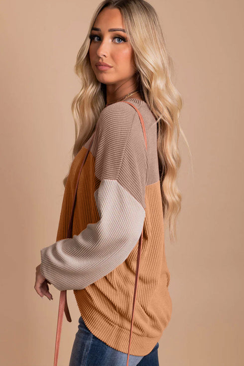 Contrast Panel Ribbed Knit Long Sleeve Pullover Top