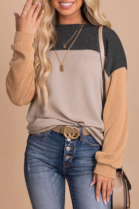 Contrast Panel Ribbed Knit Long Sleeve Pullover Top