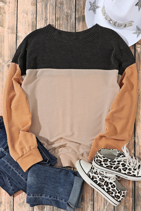 Contrast Panel Ribbed Knit Long Sleeve Pullover Top