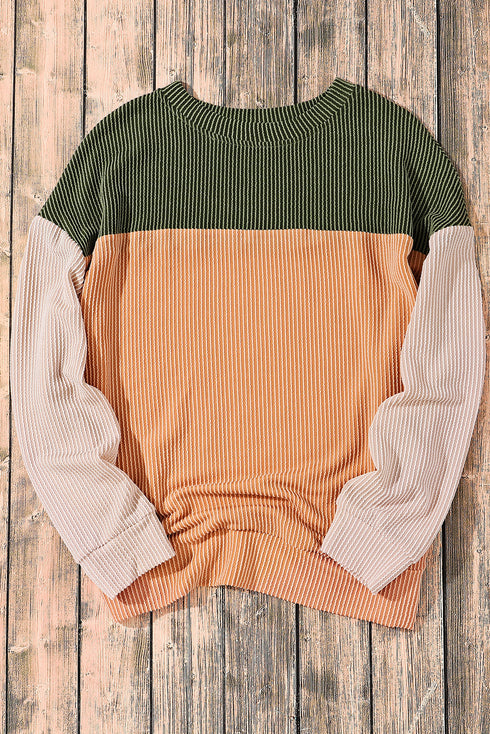 Contrast Panel Ribbed Knit Long Sleeve Pullover Top