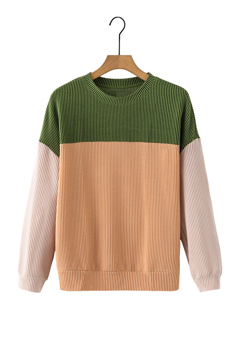 Contrast Panel Ribbed Knit Long Sleeve Pullover Top