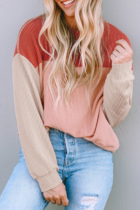 Contrast Panel Ribbed Knit Long Sleeve Pullover Top