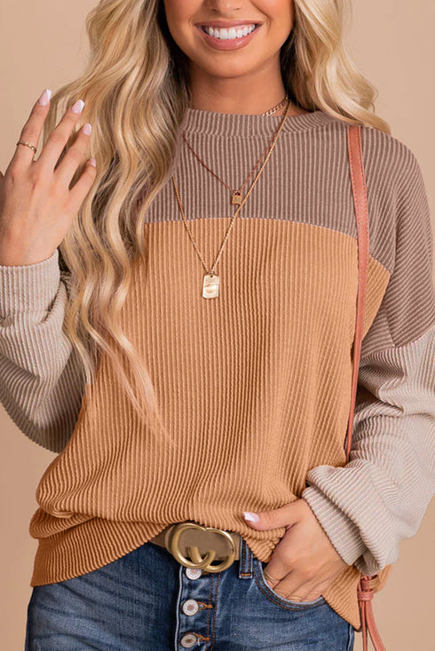 Contrast Panel Ribbed Knit Long Sleeve Pullover Top