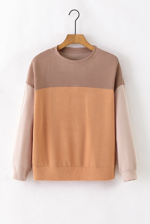 Contrast Panel Ribbed Knit Long Sleeve Pullover Top