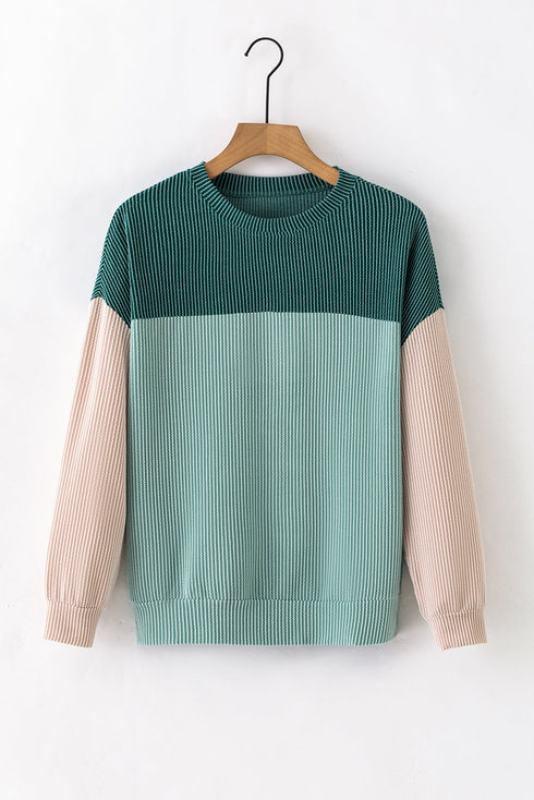 Contrast Panel Ribbed Knit Long Sleeve Pullover Top