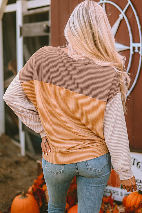 Contrast Panel Ribbed Knit Long Sleeve Pullover Top