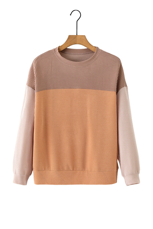 Contrast Panel Ribbed Knit Long Sleeve Pullover Top