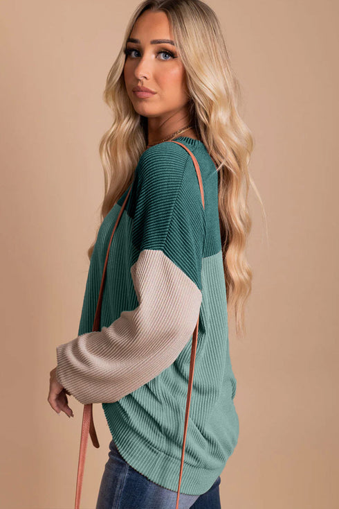 Contrast Panel Ribbed Knit Long Sleeve Pullover Top