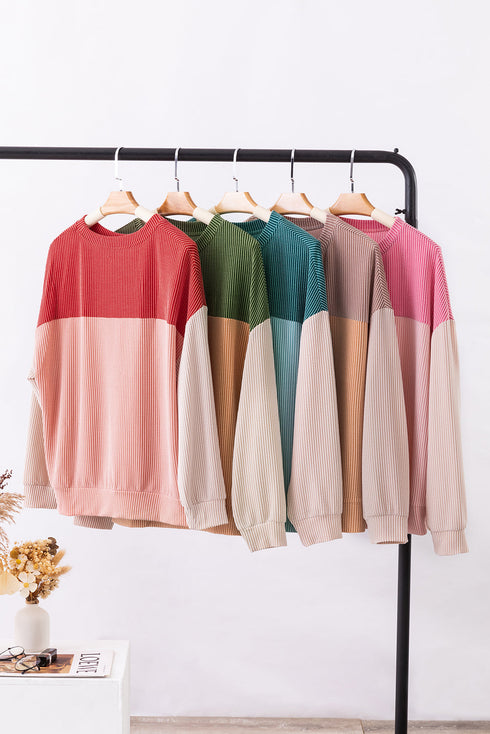 Contrast Panel Ribbed Knit Long Sleeve Pullover Top