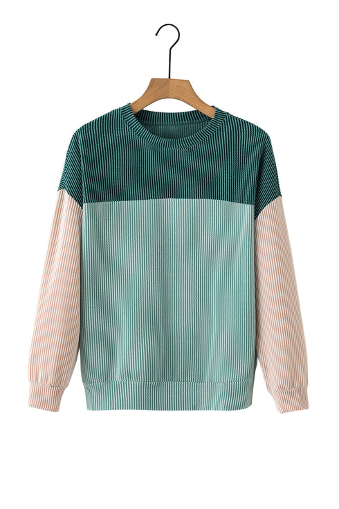 Contrast Panel Ribbed Knit Long Sleeve Pullover Top