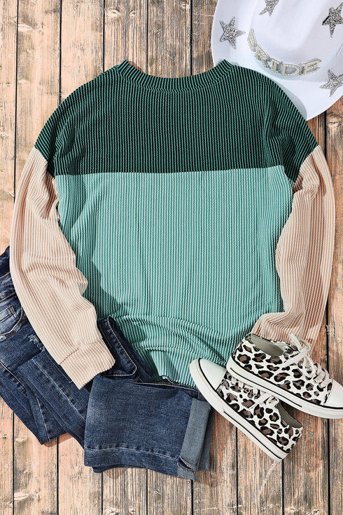 Contrast Panel Ribbed Knit Long Sleeve Pullover Top
