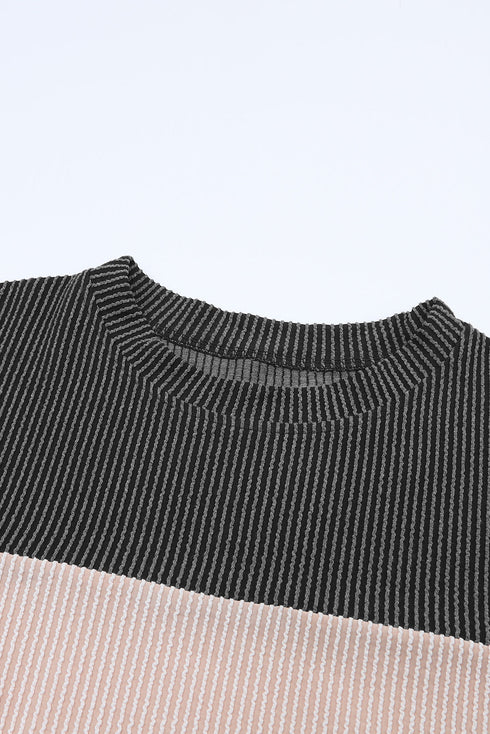 Contrast Panel Ribbed Knit Long Sleeve Pullover Top