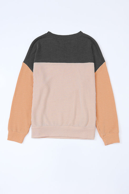 Contrast Panel Ribbed Knit Long Sleeve Pullover Top