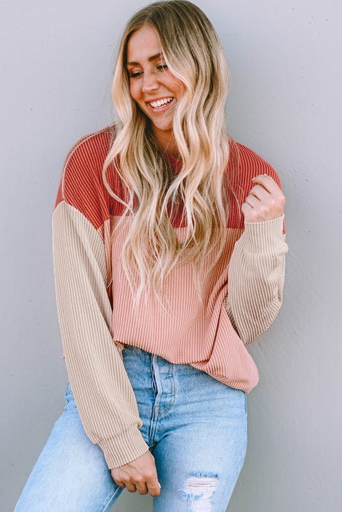 Contrast Panel Ribbed Knit Long Sleeve Pullover Top