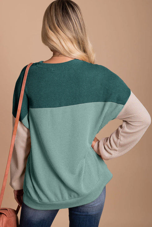 Contrast Panel Ribbed Knit Long Sleeve Pullover Top