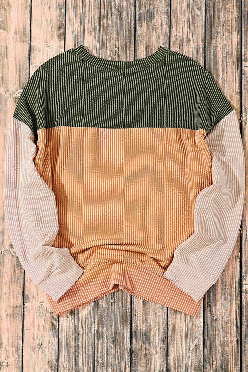 Contrast Panel Ribbed Knit Long Sleeve Pullover Top