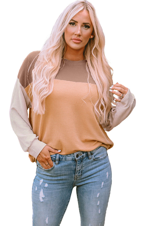 Contrast Panel Ribbed Knit Long Sleeve Pullover Top