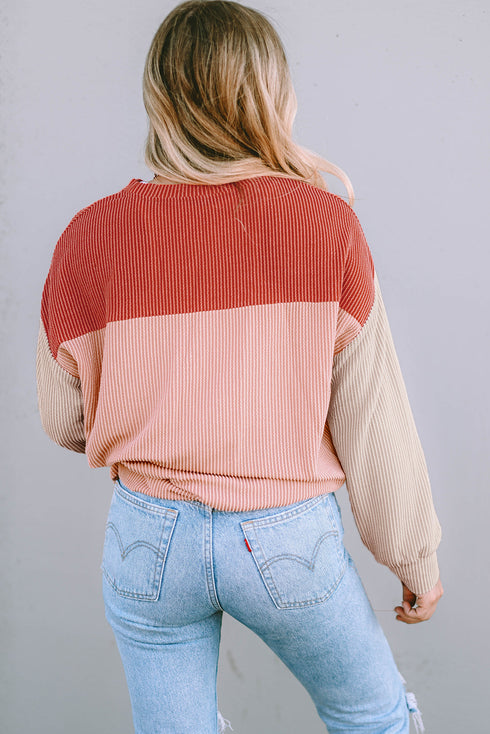 Contrast Panel Ribbed Knit Long Sleeve Pullover Top