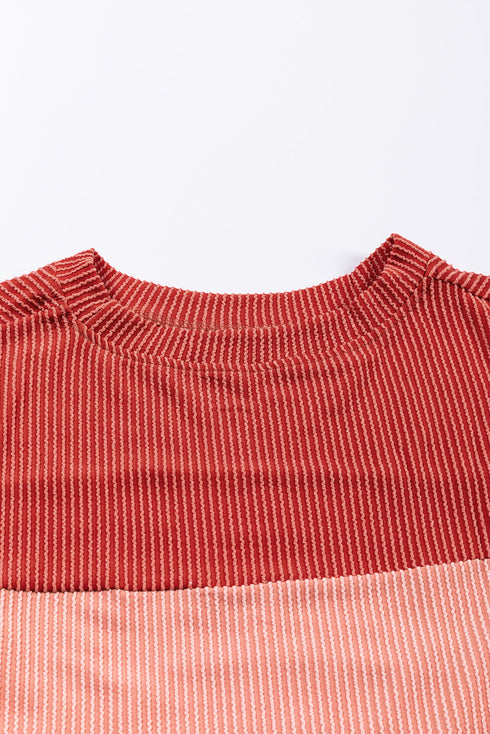 Contrast Panel Ribbed Knit Long Sleeve Pullover Top