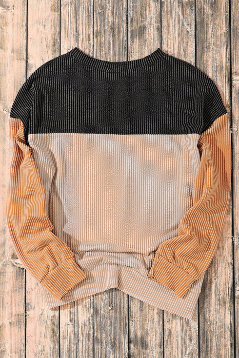 Contrast Panel Ribbed Knit Long Sleeve Pullover Top