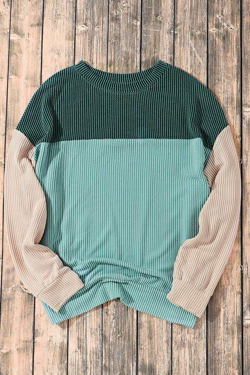 Contrast Panel Ribbed Knit Long Sleeve Pullover Top