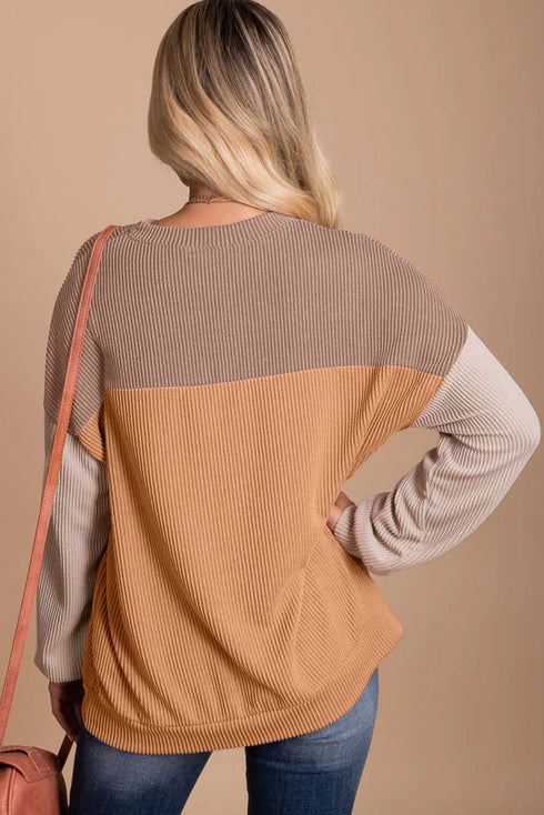 Contrast Panel Ribbed Knit Long Sleeve Pullover Top