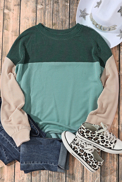 Contrast Panel Ribbed Knit Long Sleeve Pullover Top