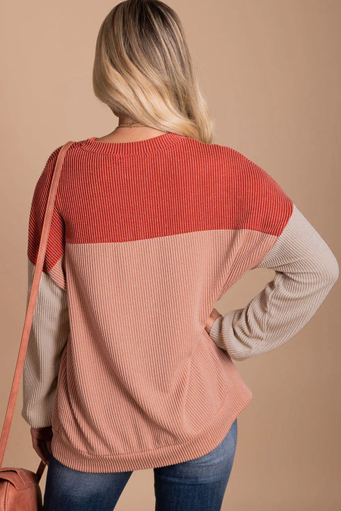 Contrast Panel Ribbed Knit Long Sleeve Pullover Top