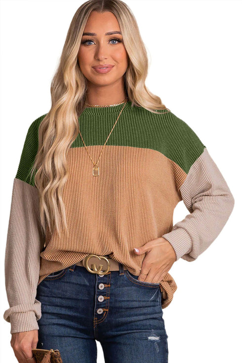 Contrast Panel Ribbed Knit Long Sleeve Pullover Top