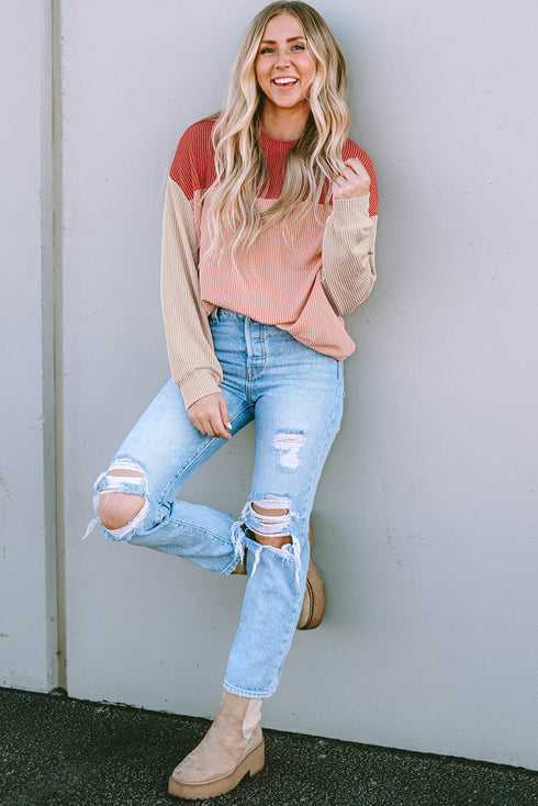 Contrast Panel Ribbed Knit Long Sleeve Pullover Top