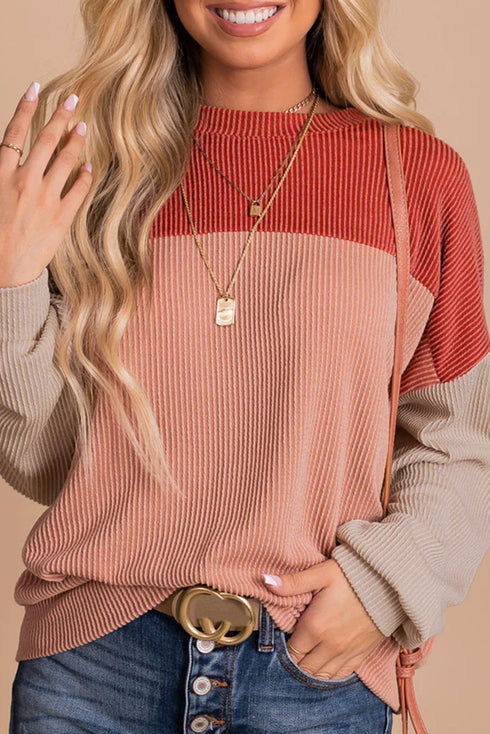 Contrast Panel Ribbed Knit Long Sleeve Pullover Top