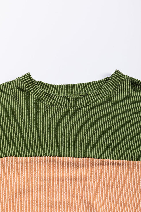 Contrast Panel Ribbed Knit Long Sleeve Pullover Top
