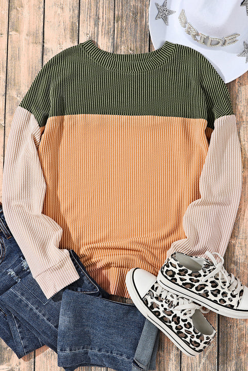 Contrast Panel Ribbed Knit Long Sleeve Pullover Top