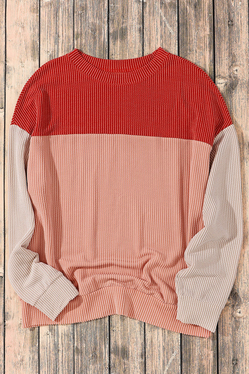 Contrast Panel Ribbed Knit Long Sleeve Pullover Top