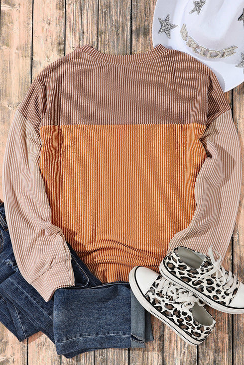 Contrast Panel Ribbed Knit Long Sleeve Pullover Top