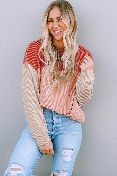 Contrast Panel Ribbed Knit Long Sleeve Pullover Top