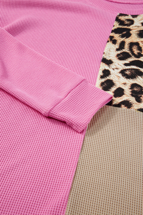 Contrast Panel Waffle Knit Long Sleeve Pullover Top