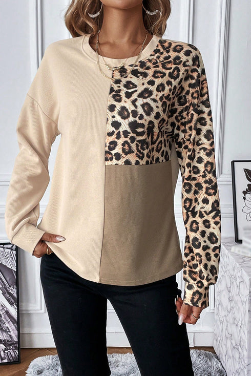 Contrast Panel Waffle Knit Long Sleeve Pullover Top