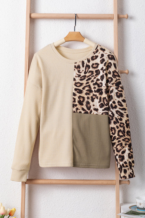 Contrast Panel Waffle Knit Long Sleeve Pullover Top