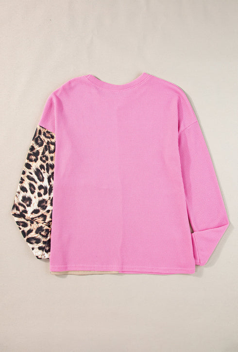 Contrast Panel Waffle Knit Long Sleeve Pullover Top