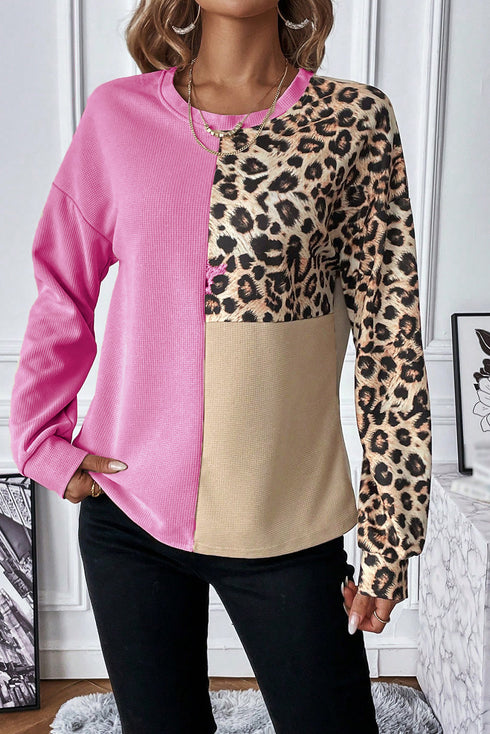 Contrast Panel Waffle Knit Long Sleeve Pullover Top