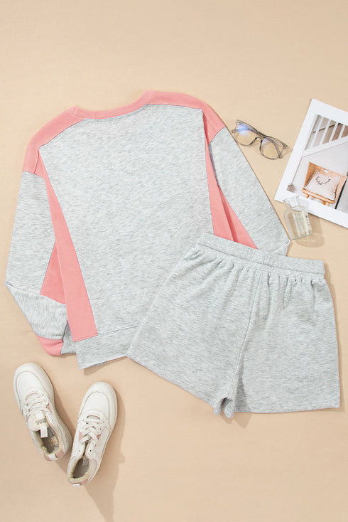 Contrast Paneled Print Raw Hem Pullover Short Sets